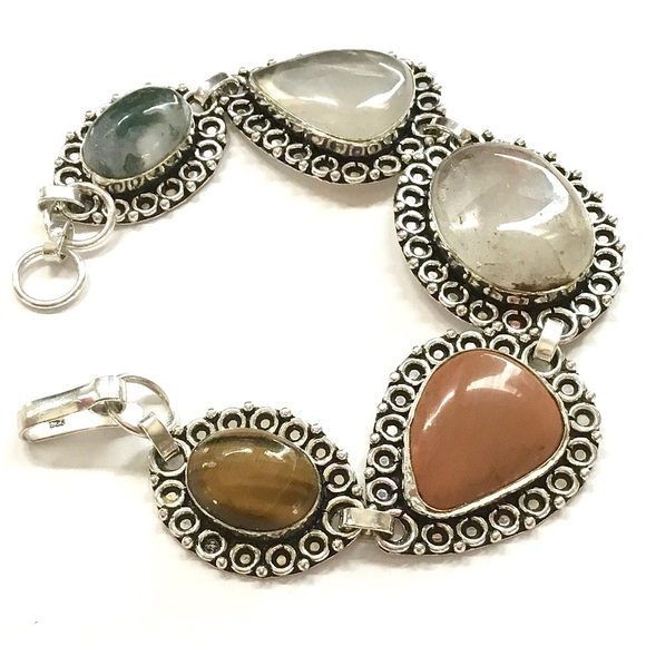 Five BIG Gemstones Bracelet Moss Agate Sandstone Quartz Tiger’s Eye 8” Boho - Picture 11 of 11